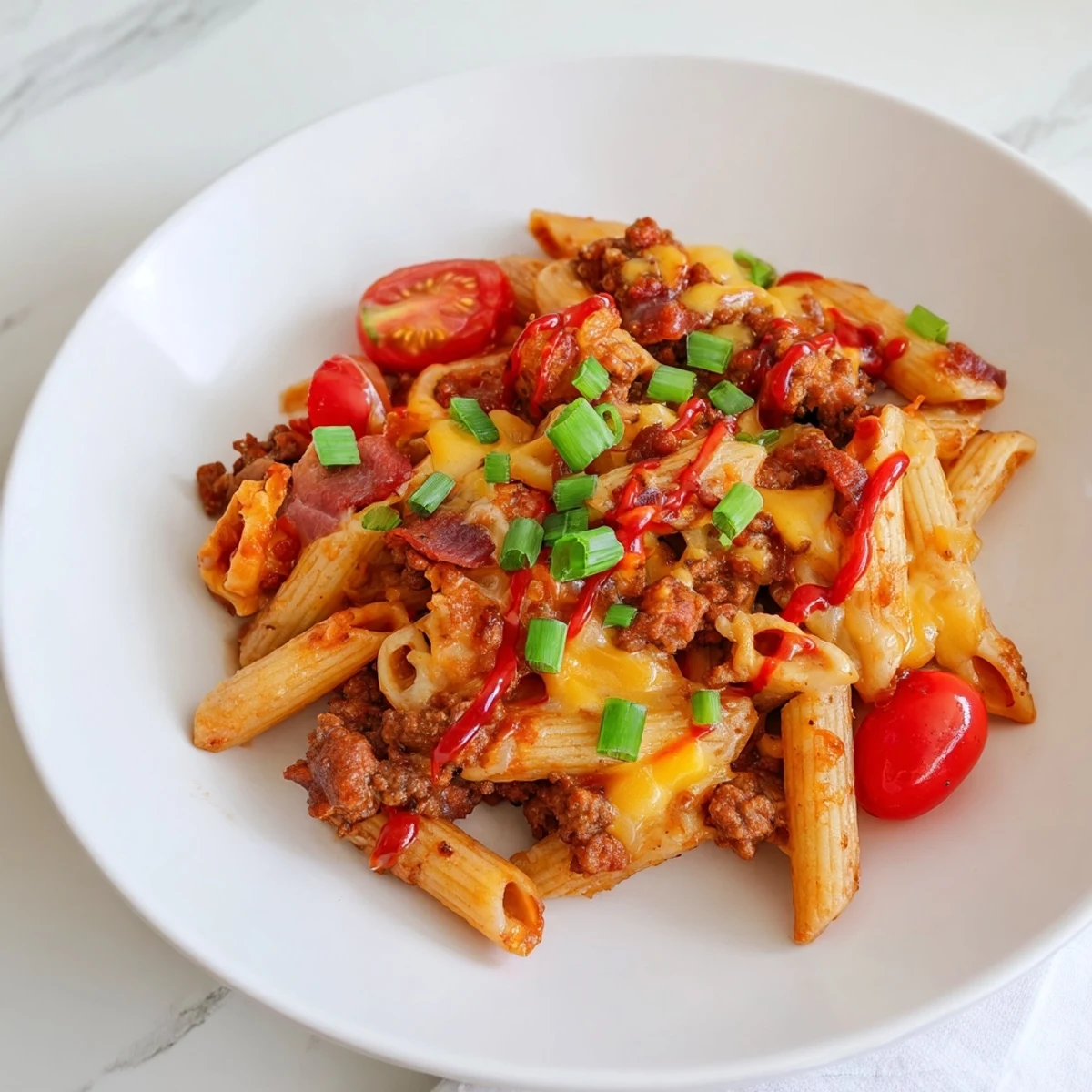 Creamy Bacon Cheeseburger Pasta Bake with bubbly cheese and crispy bacon topping.