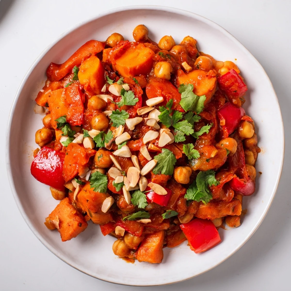 Steaming hot Moroccan Chickpea & Sweet Potato Tagine, garnished with fresh cilantro and toasted almonds.