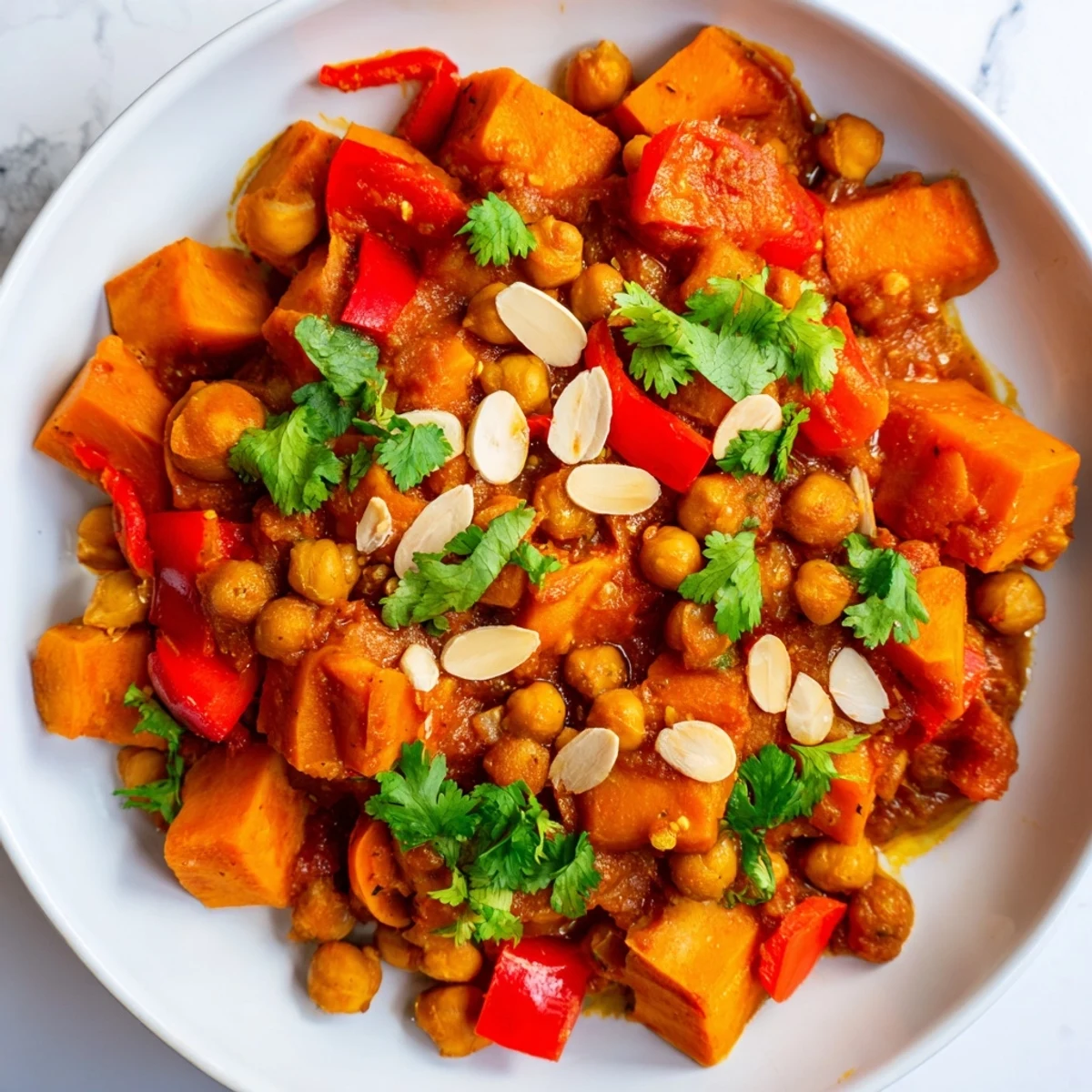 A close-up of a richly spiced Moroccan Chickpea & Sweet Potato Tagine, perfect for a cozy vegan dinner.