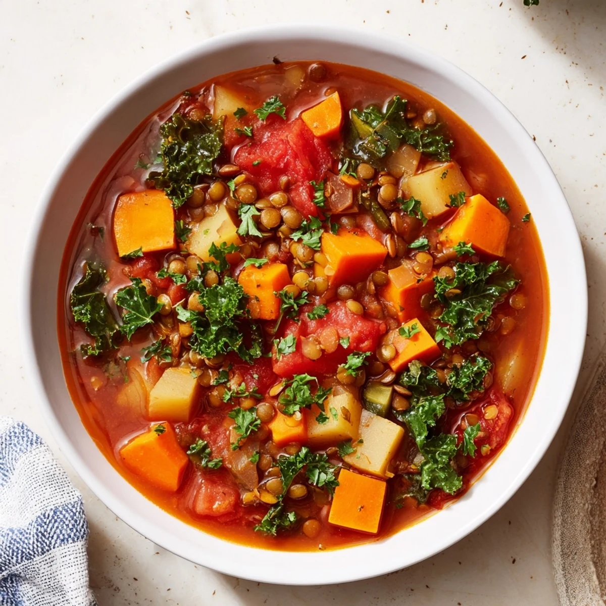 A close-up shot of the hearty Winter Vegetable & Lentil Soup featuring rustic textures and rich flavors.