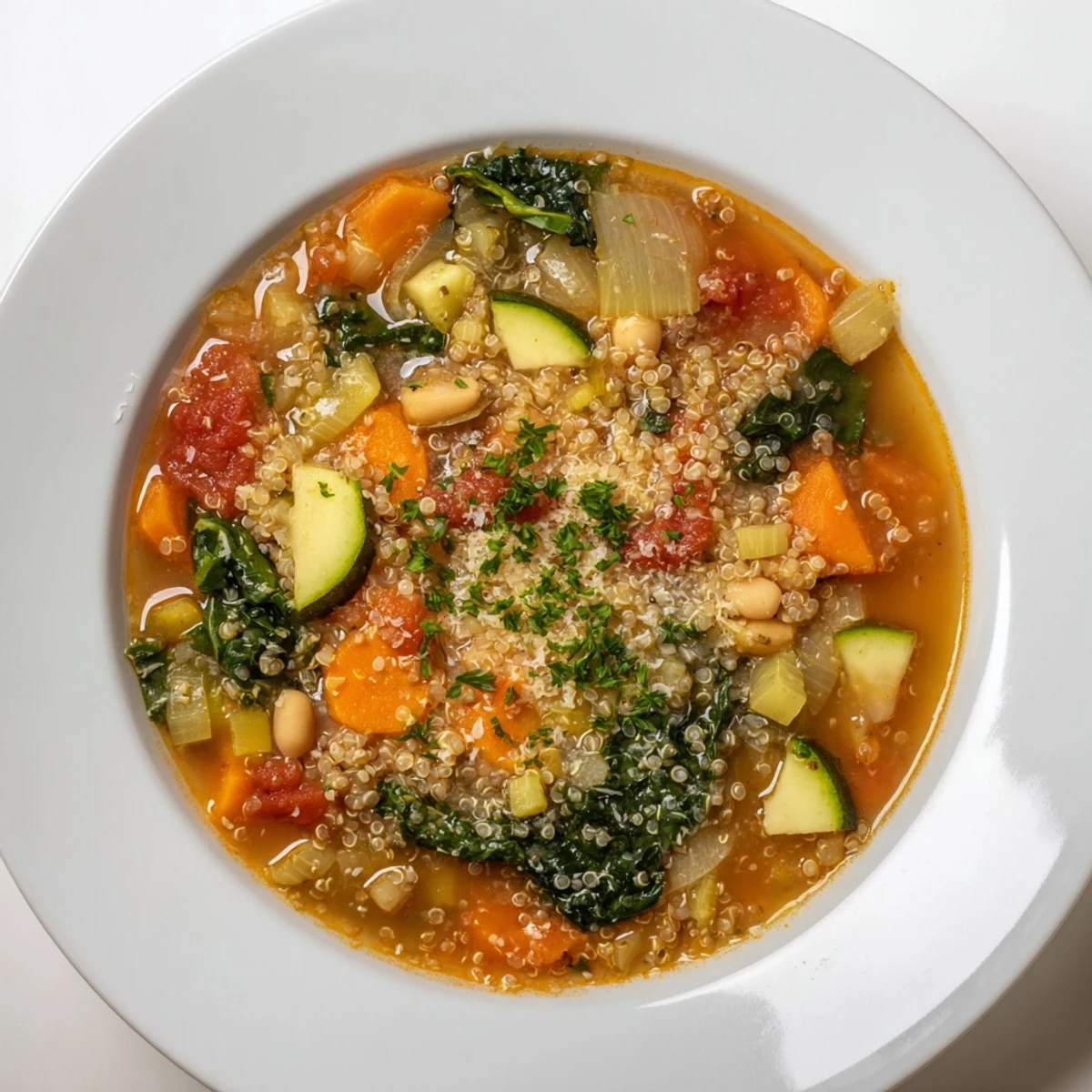 Steaming bowl of Minestrone with Quinoa, garnished with parsley and ready to eat.