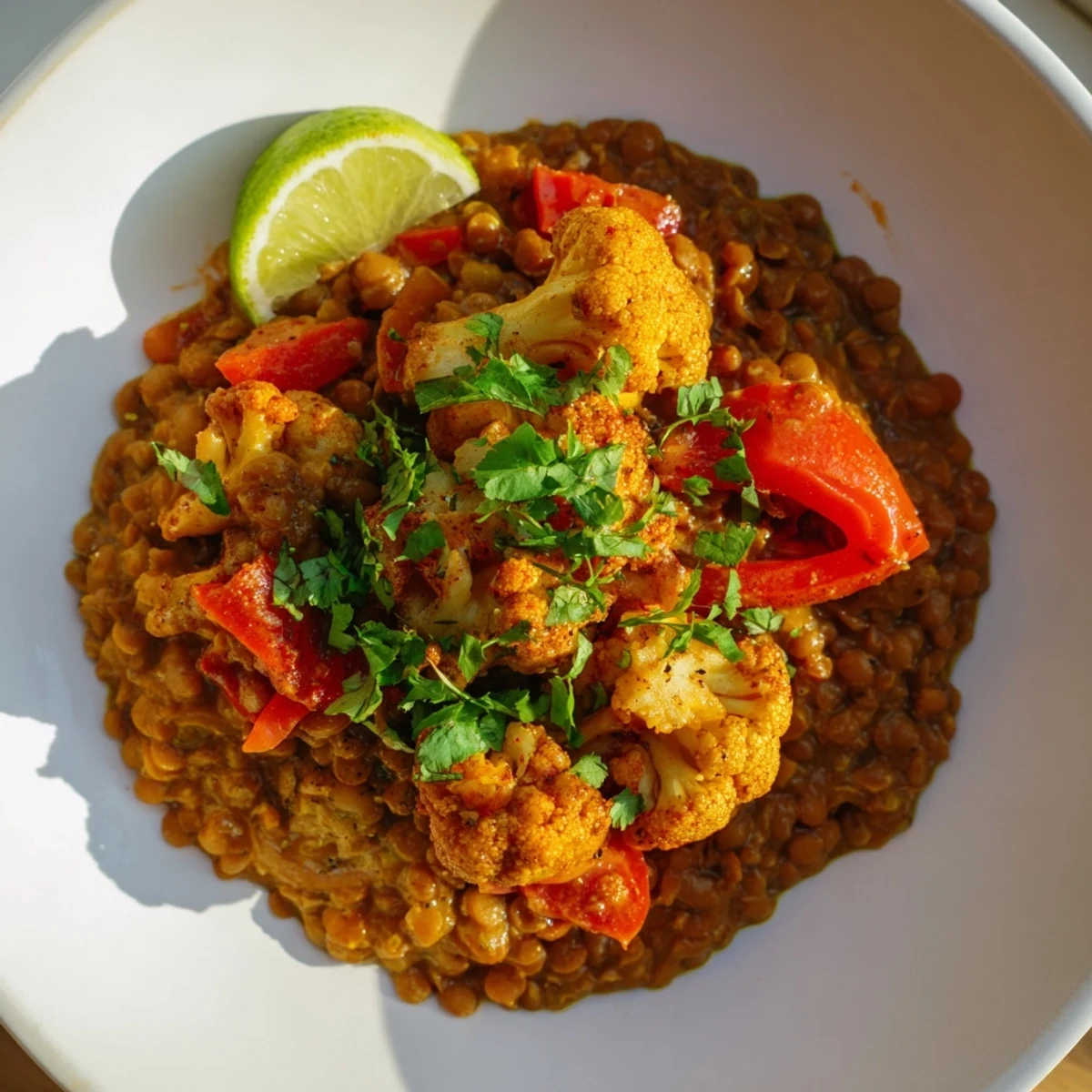 Creamy Red Cabbage, Cauliflower & Coconut Dhal, ready to serve with fresh cilantro; a comforting vegetarian feast.