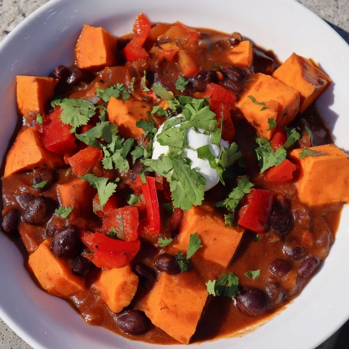 Steaming bowl of Sweet Potato & Black Bean Chili, garnished with vibrant cilantro and lime wedges.