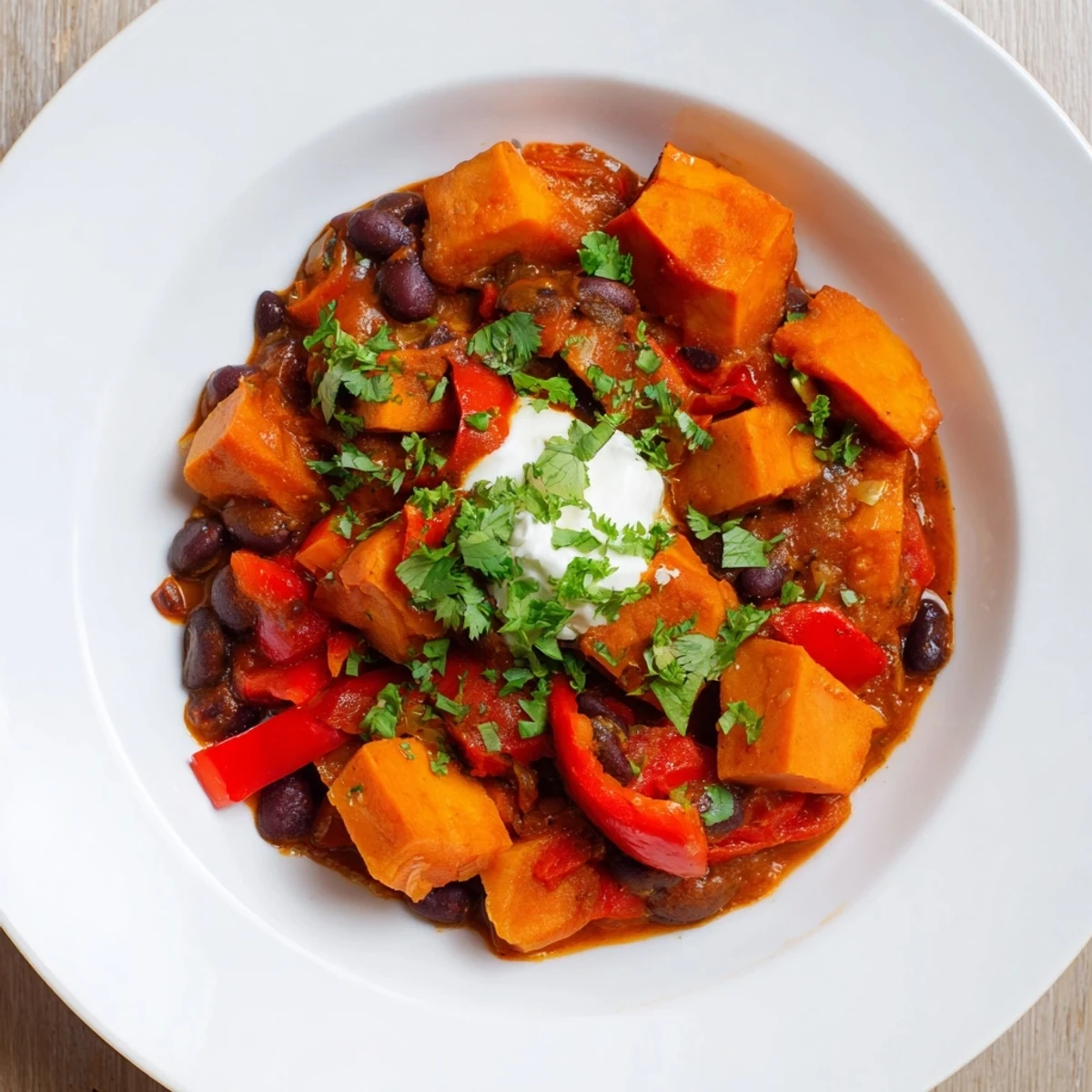 Aged, rustic wooden table featuring a bubbling pot of flavorful Sweet Potato & Black Bean Chili, ready to serve.