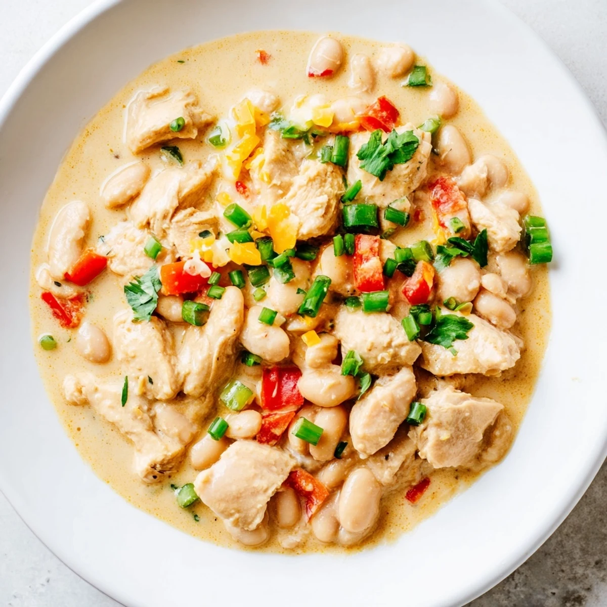 Rich and creamy, a visually appealing spoonful of delicious Creamy White Chicken Chili with beans.