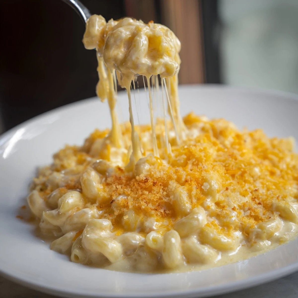 Creamy, bubbling Mac & Cheese with evaporated milk, ready to serve with golden, melted cheese.