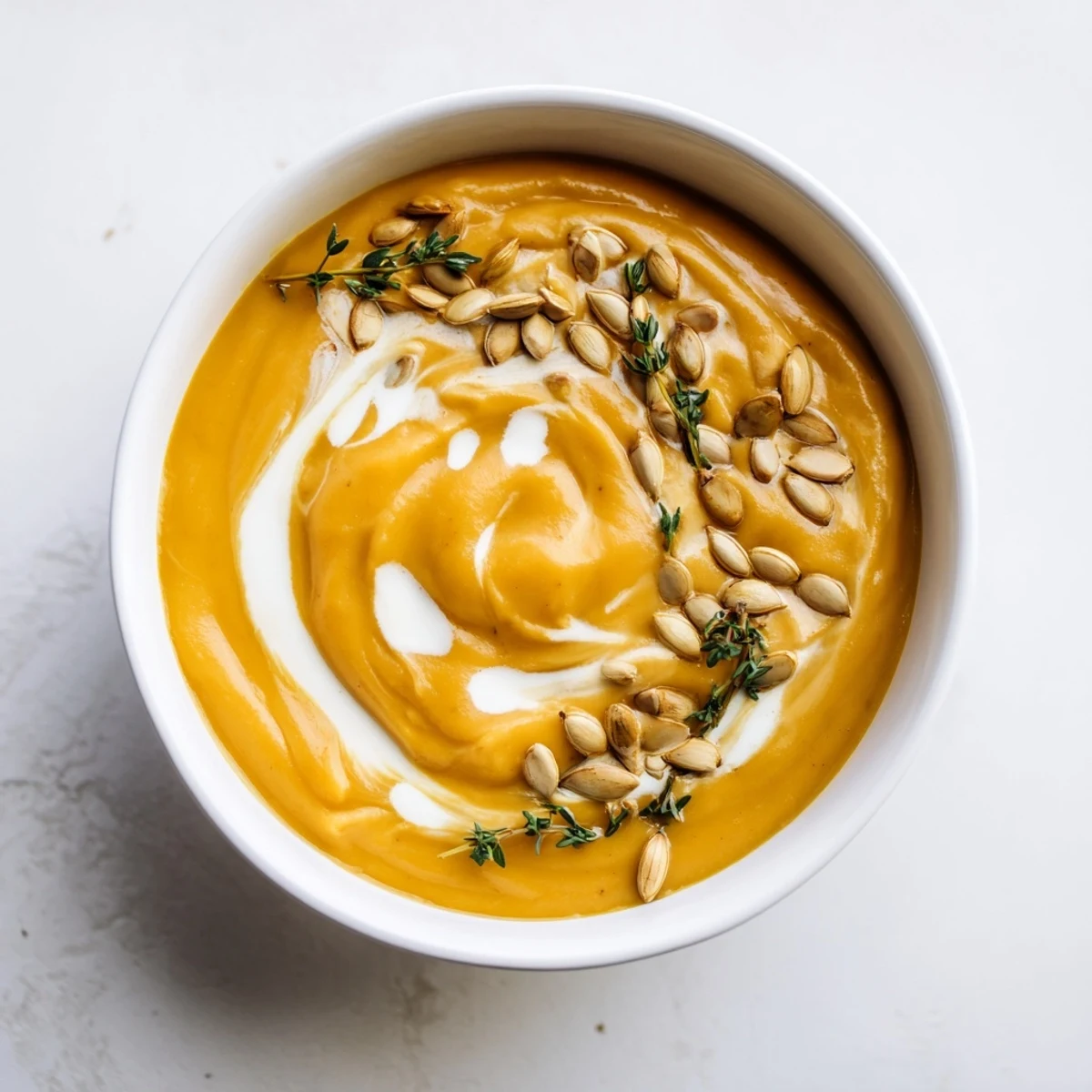 A steaming bowl of creamy roasted acorn squash soup, garnished with fresh thyme and pepitas.