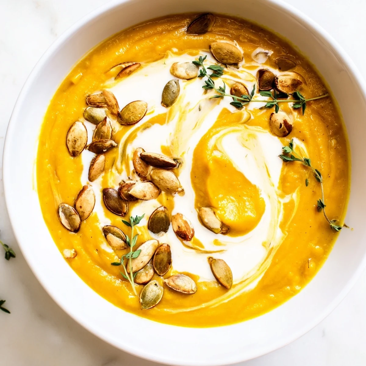 Golden-hued, smooth creamy roasted acorn squash soup, perfect for a cozy fall evening.