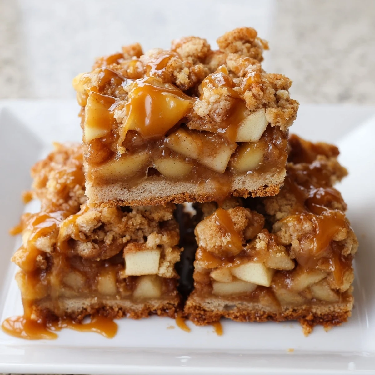 Golden-brown Caramel Apple Cookie Bars showcasing a delicious caramel drizzle over tender apple filling.