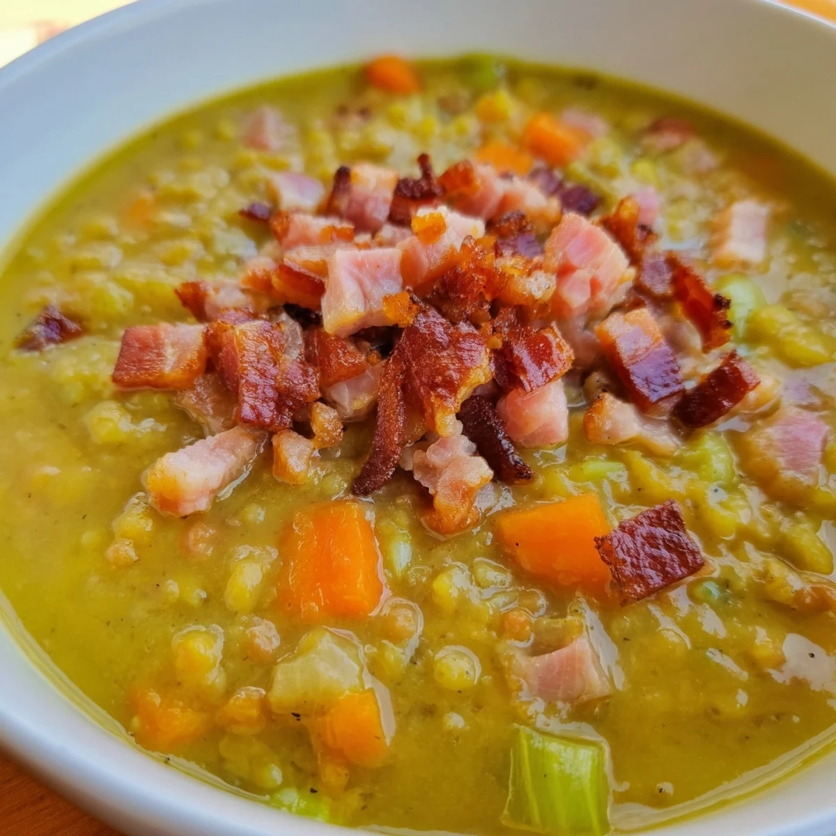Golden, creamy Split Pea Soup with canned ham and crispy bacon crumbles on top, ready to serve.