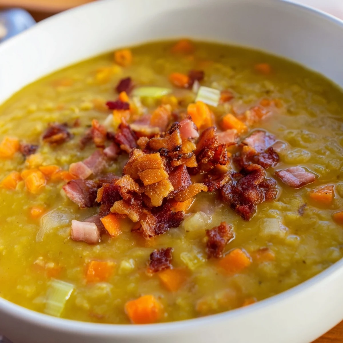 A warm bowl of Split Pea Soup brimming with ham, bacon, and tender vegetables; perfect comfort food.