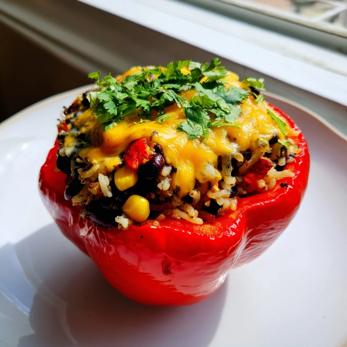 Golden-brown stuffed bell peppers, brimming with flavorful filling, ready to serve with fresh cilantro.