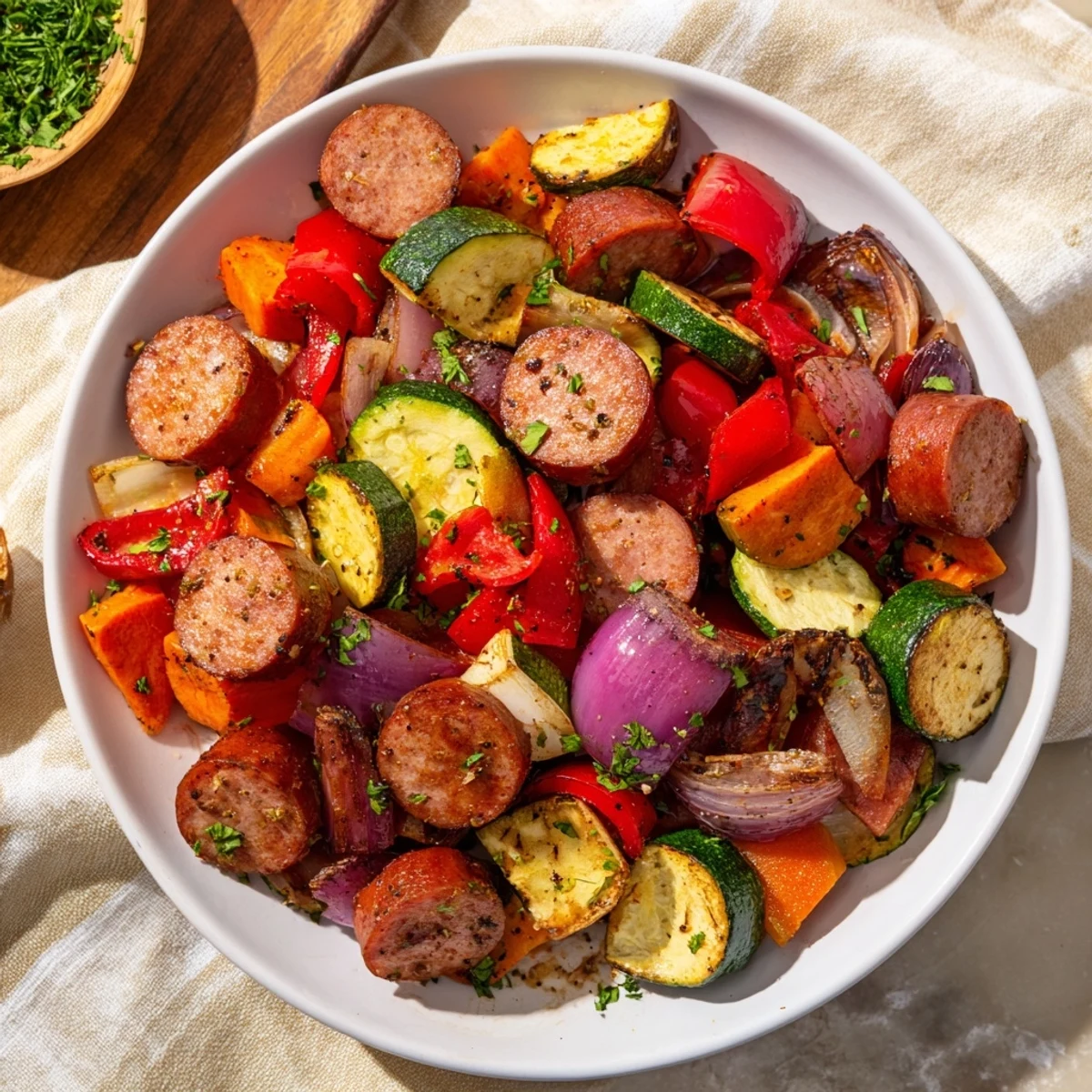 Sheet-pan roasted veggies and sausage: a colorful, flavorful dinner with tender roasted vegetables and sausage.