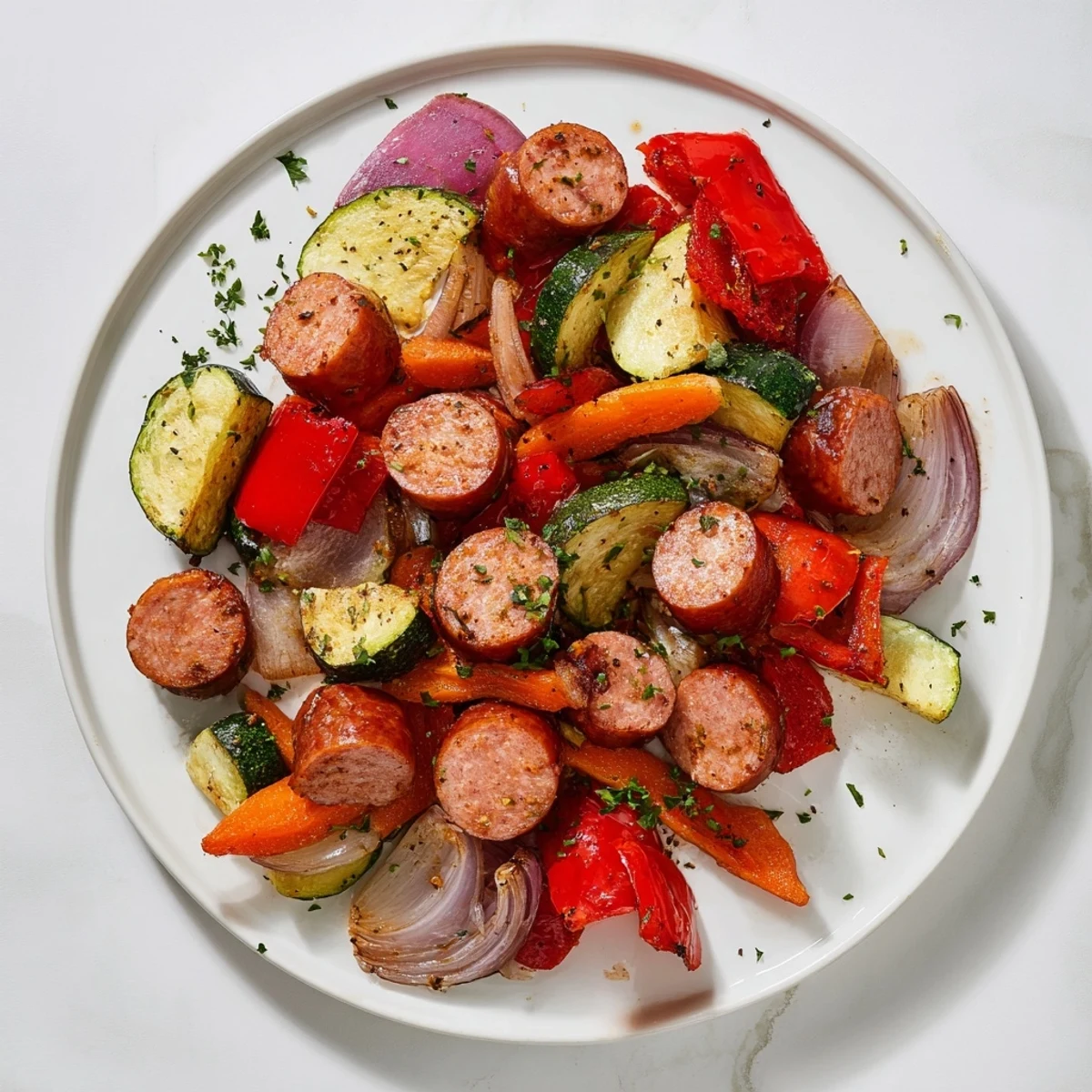 Enjoy a sheet-pan roasted veggies and sausage medley; an easy, healthy, and wonderfully satisfying weeknight supper.