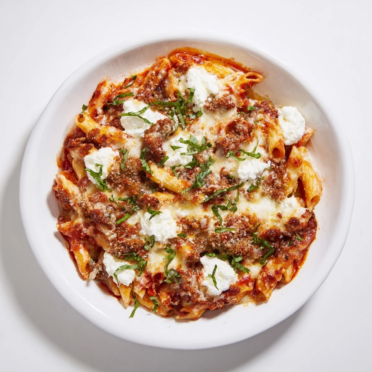 Steaming hot One-Pan Baked Ziti topped with bubbling mozzarella and fresh basil, ready to serve.
