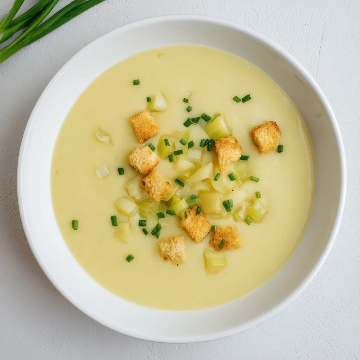 This comforting potato leek soup features a smooth texture and rich, savory flavors.