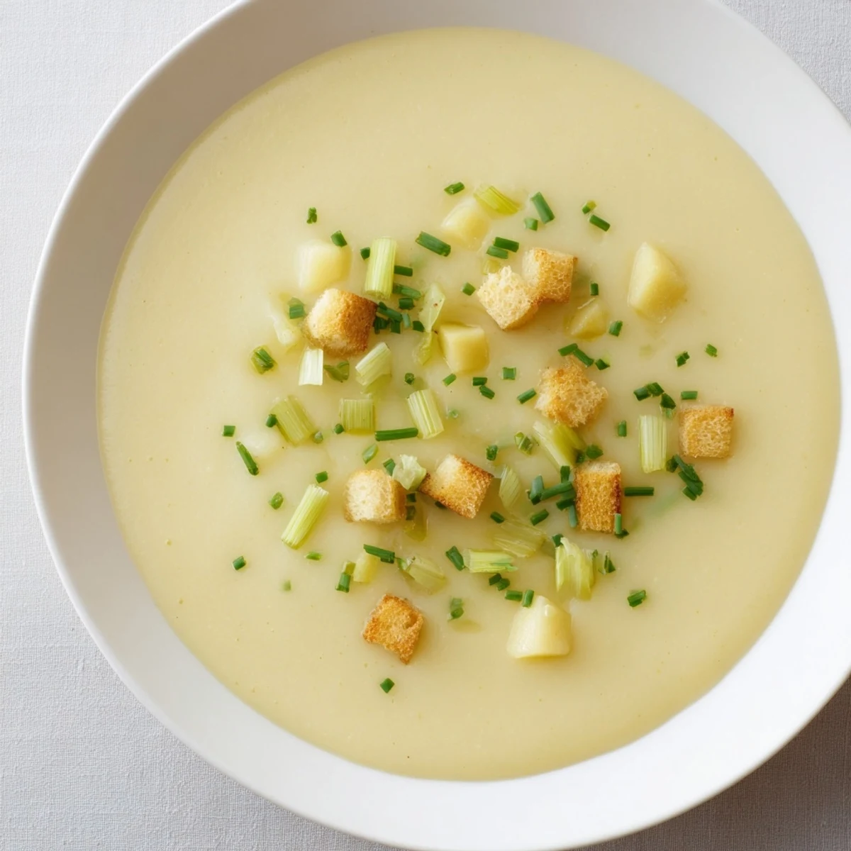 A steaming bowl of creamy potato leek soup, garnished with fresh chives, looks delicious.
