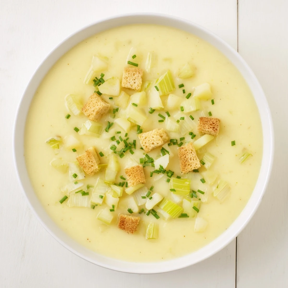 Enjoy the inviting aroma of this hearty potato leek soup, perfect for a chilly evening.