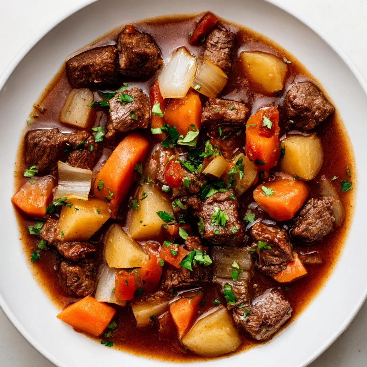 A close-up of hearty Instant Pot Beef Stew with chunks of beef and root vegetables.