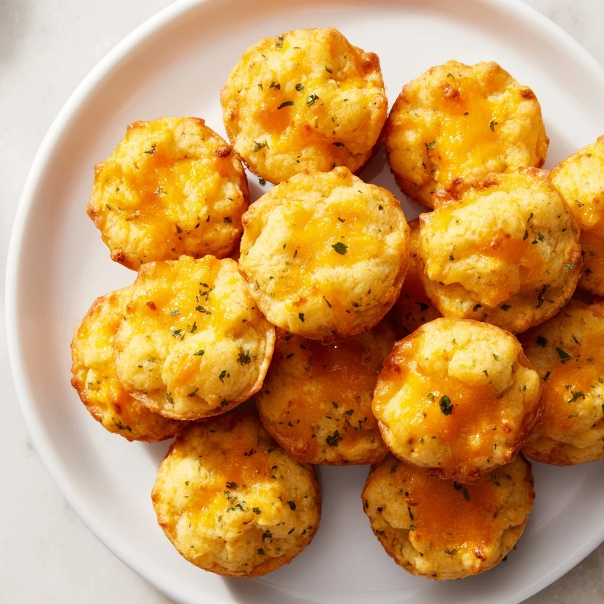 Golden brown Mini Cheddar Bay Biscuit Pull-Aparts, warm from the oven, ready to be pulled apart and devoured.