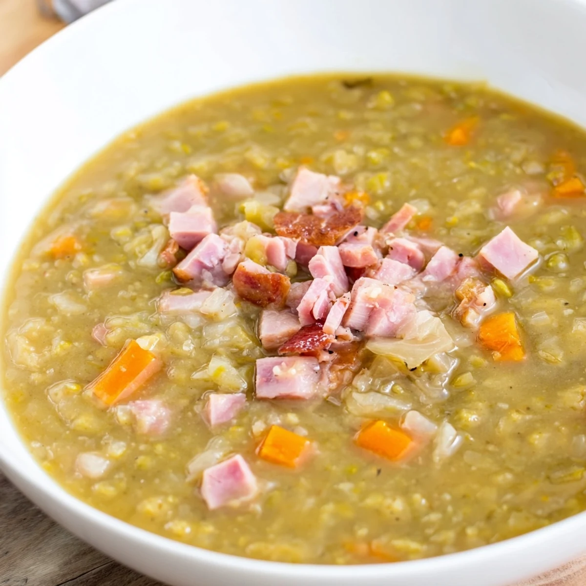 Warm, hearty split pea and ham soup brimming with savory chunks of ham and tender vegetables.