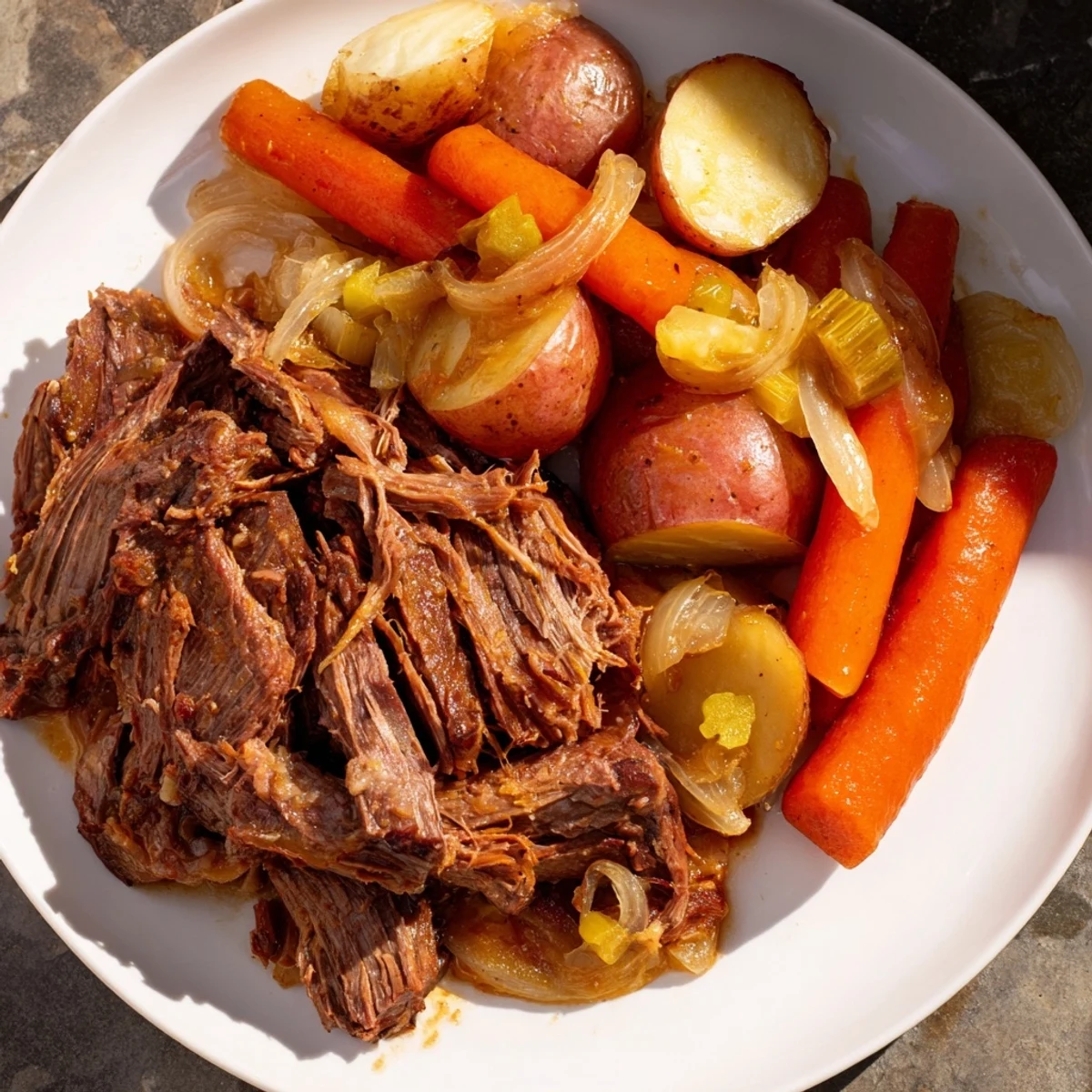 Hearty Pickle Brine Pot Roast simmering in a Dutch oven, perfect for a cozy, delicious dinner.
