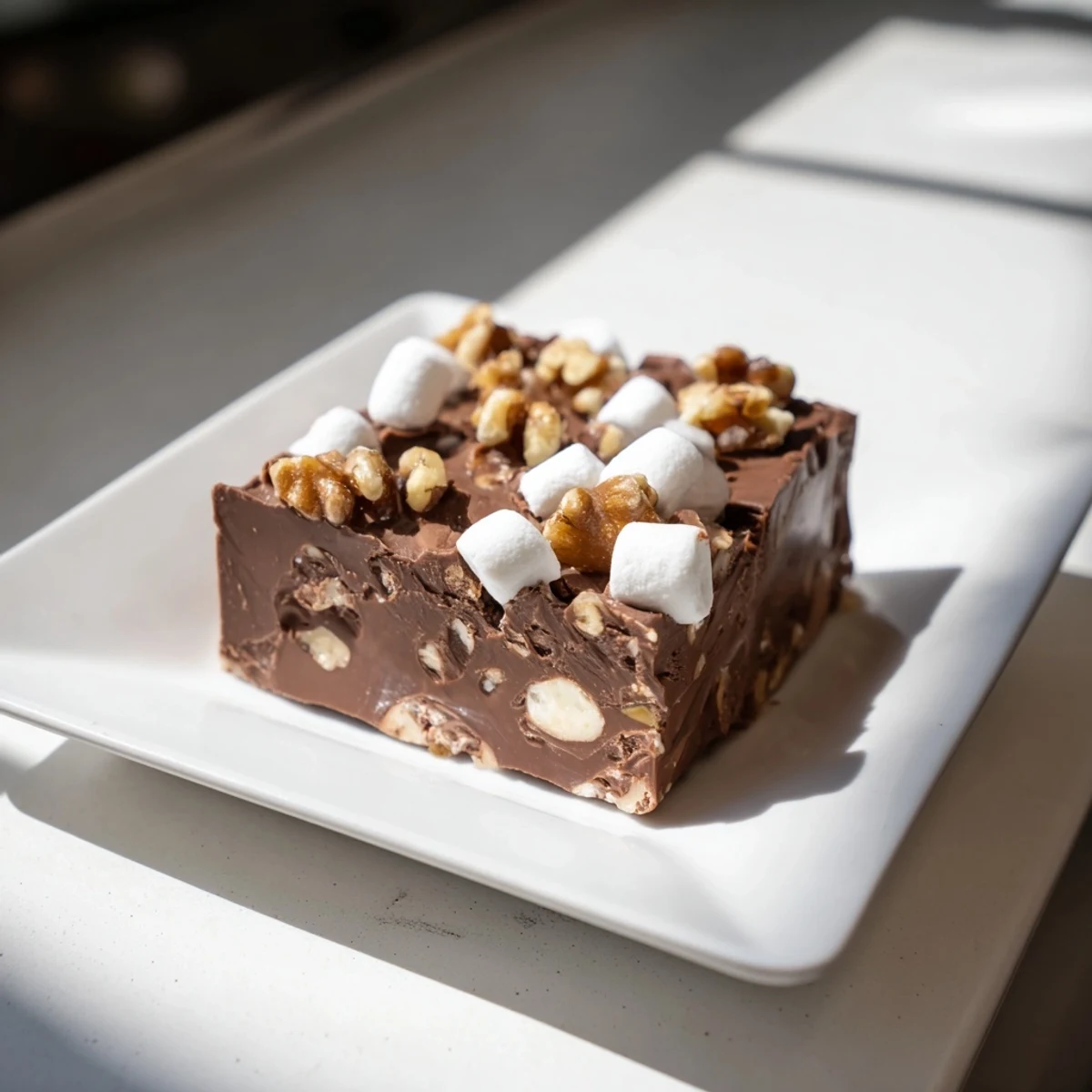 Creamy, easy marshmallow fudge swirled with nuts; a rich chocolate dessert ready in minutes.