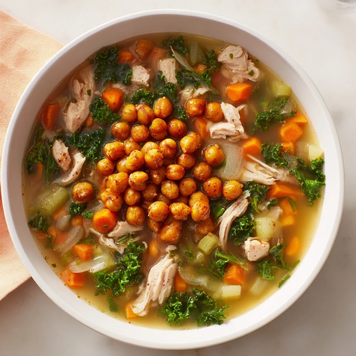 A comforting spoonful of flavorful Chicken Kale Soup, garnished with golden, crunchy chickpeas and fresh herbs.