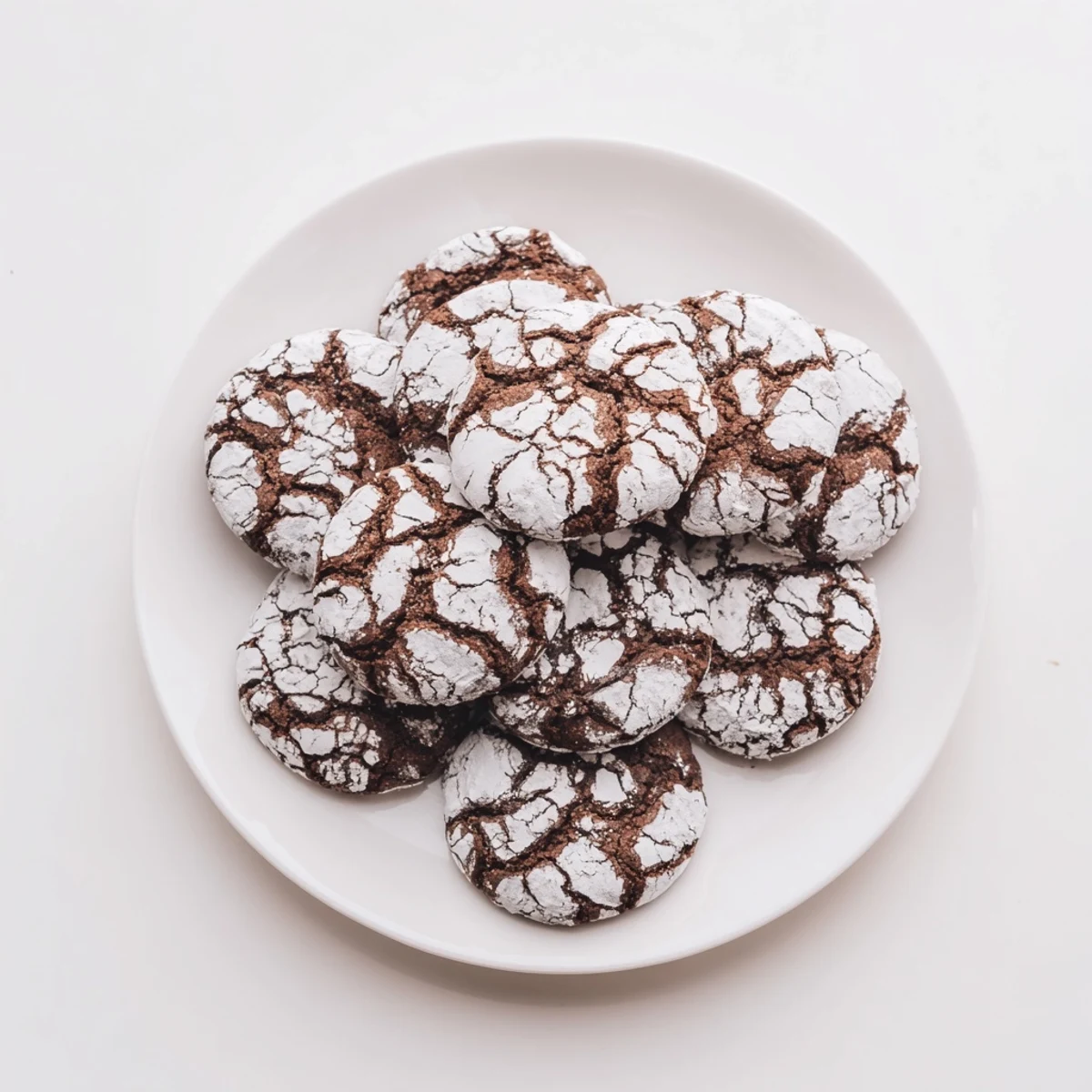 A plate of freshly baked Chocolate Crinkle Cookies, showing off their signature crinkled texture.