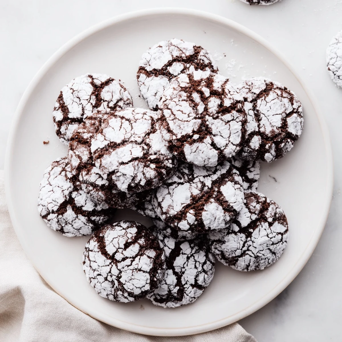 Warm, crackled Chocolate Crinkle Cookies, dusted in powdered sugar, ready to enjoy with milk.