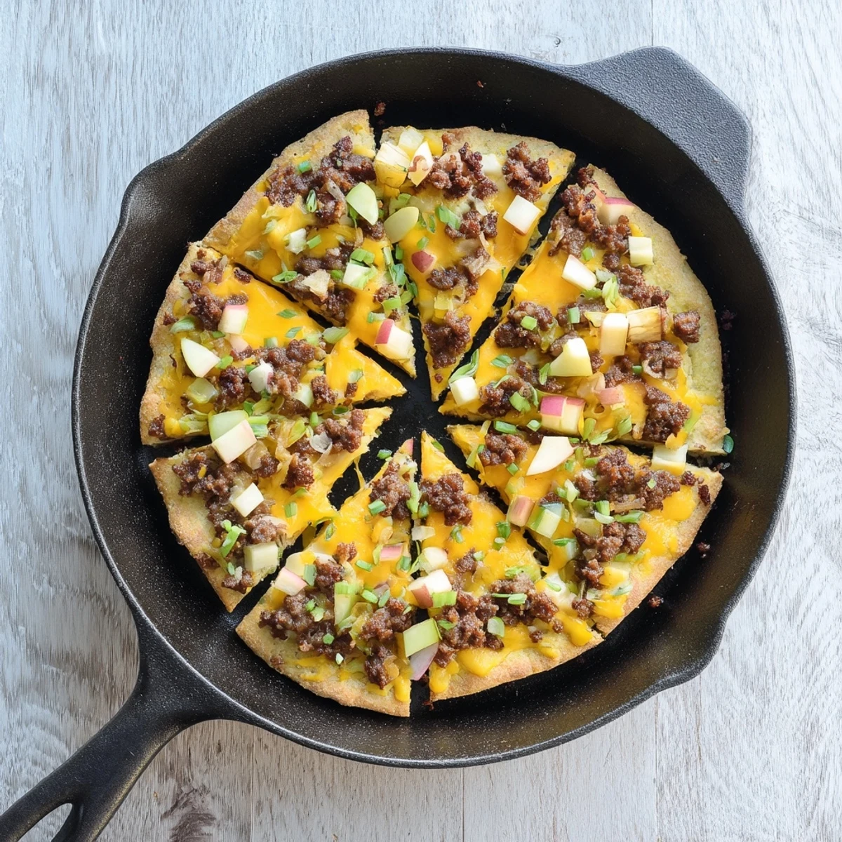 Golden Savory Apple, Sausage, and Cheddar Scone Skillet, fresh from the oven, ready to serve.