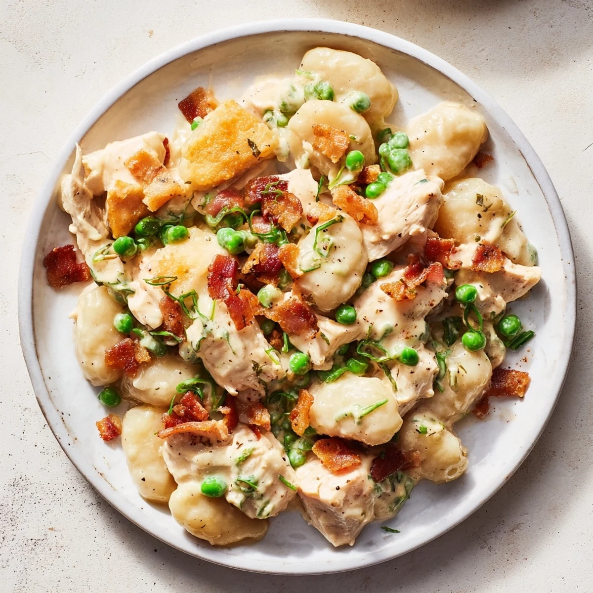 Pillowy potato gnocchi swimming in creamy sauce with crack chicken, cheddar cheese, and bacon.