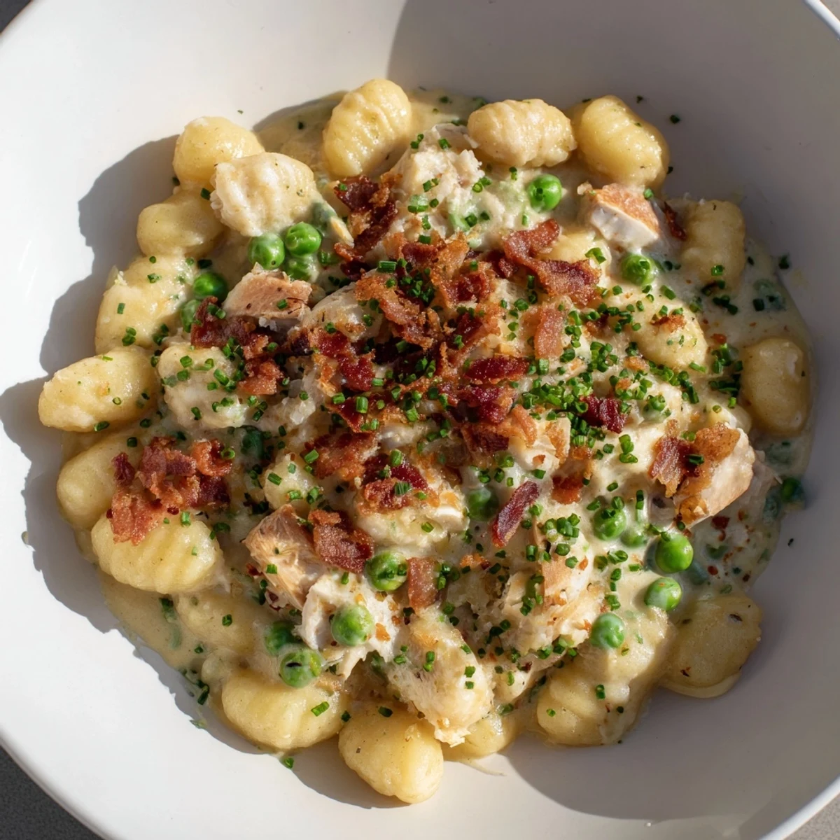 Close-up of Creamy Crack Chicken Gnocchi: a comforting bowl of tender gnocchi with savory chicken and cheese.