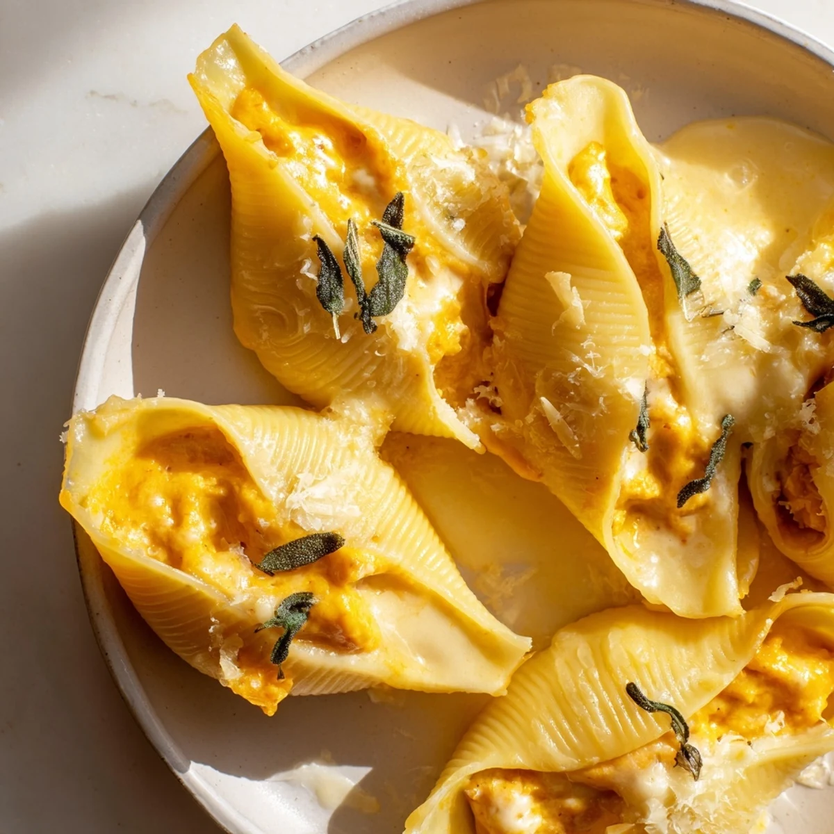 Golden baked Pumpkin & Gouda Stuffed Shells, bubbling in rich brown butter Alfredo sauce, ready to serve.