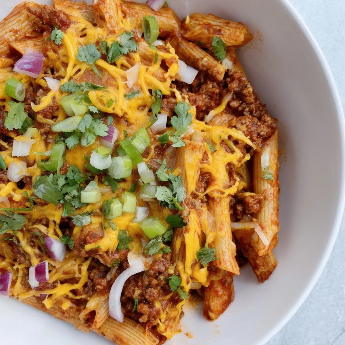 Easy Beef Enchilada Pasta, a one-pot meal, features tender beef, pasta, melted cheddar, and bold enchilada sauce.