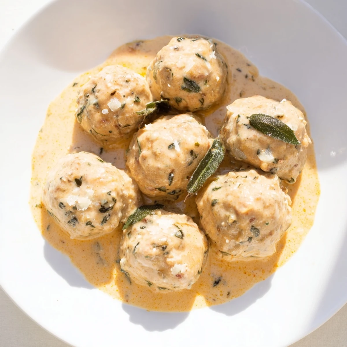 Golden-brown turkey meatballs coated in rich sauce with pumpkin and sage, perfect for dinner.