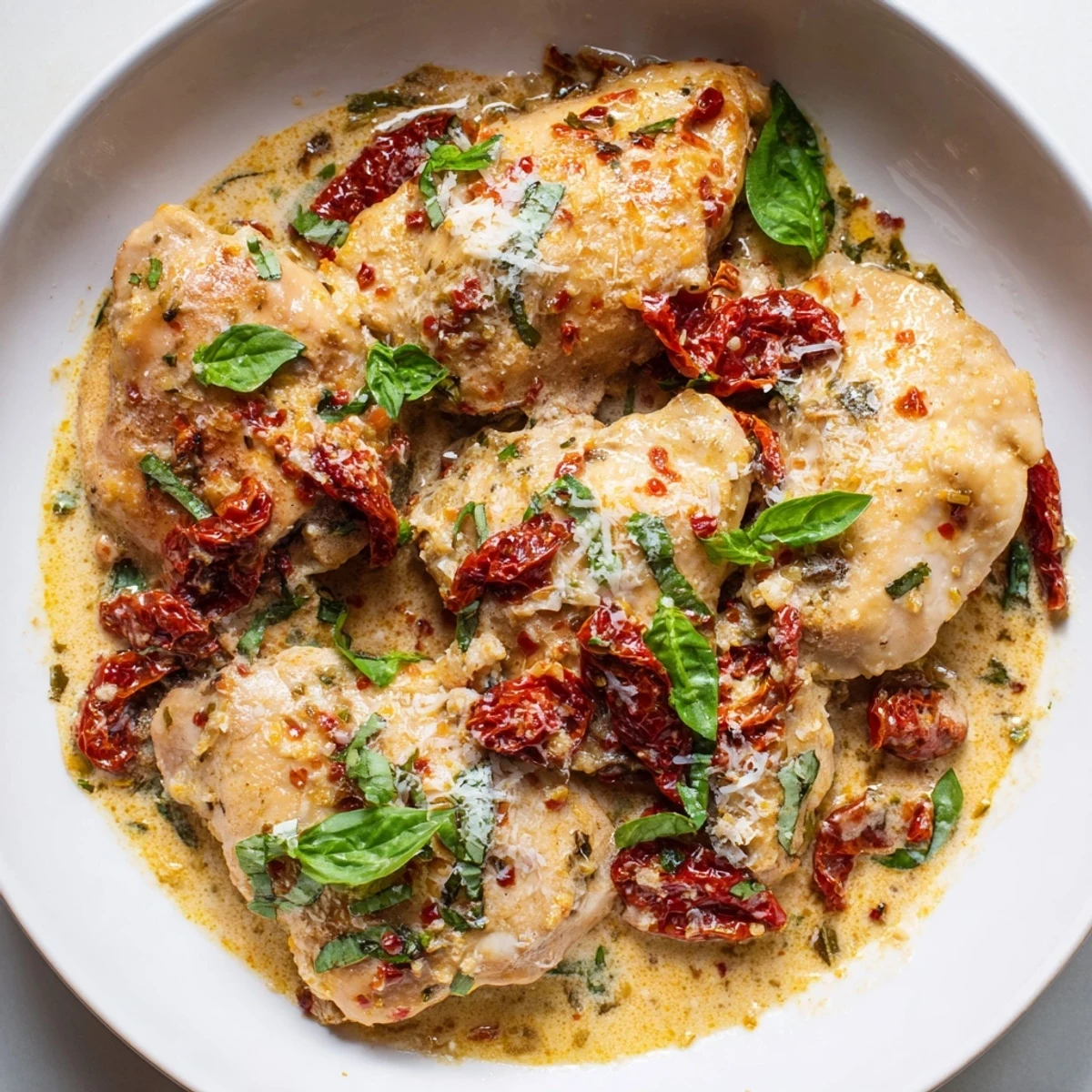 A close-up of delicious Marry Me Chicken Thighs, perfectly cooked with a fragrant, creamy sauce.