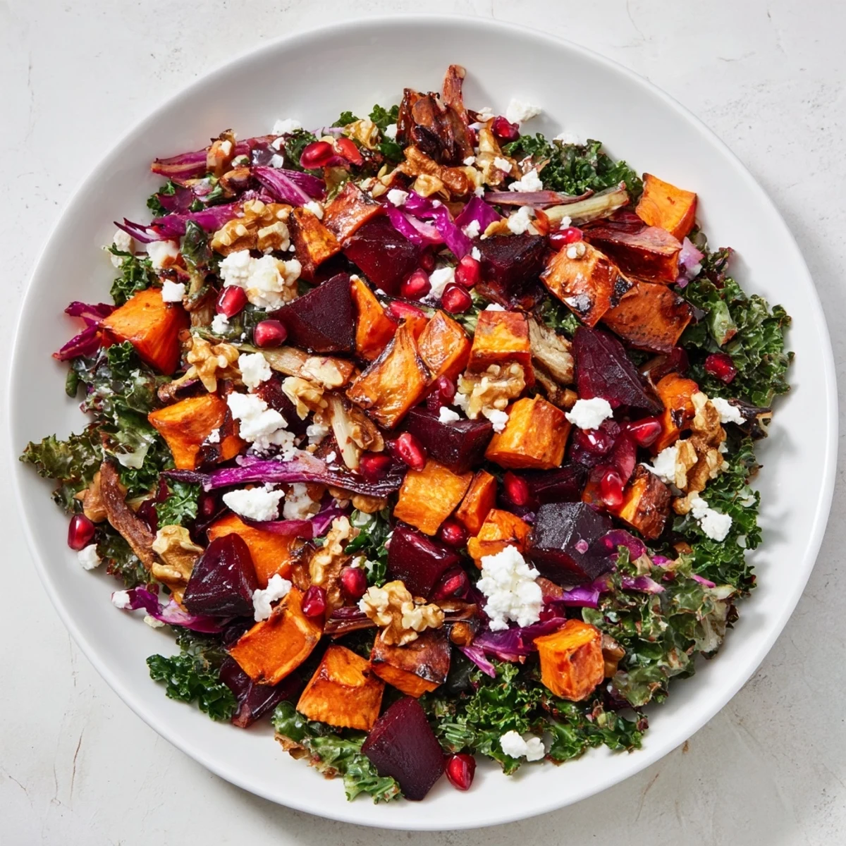 A visually appealing Hot Girl Winter Salad featuring colorful root vegetables and feta cheese crumbles.