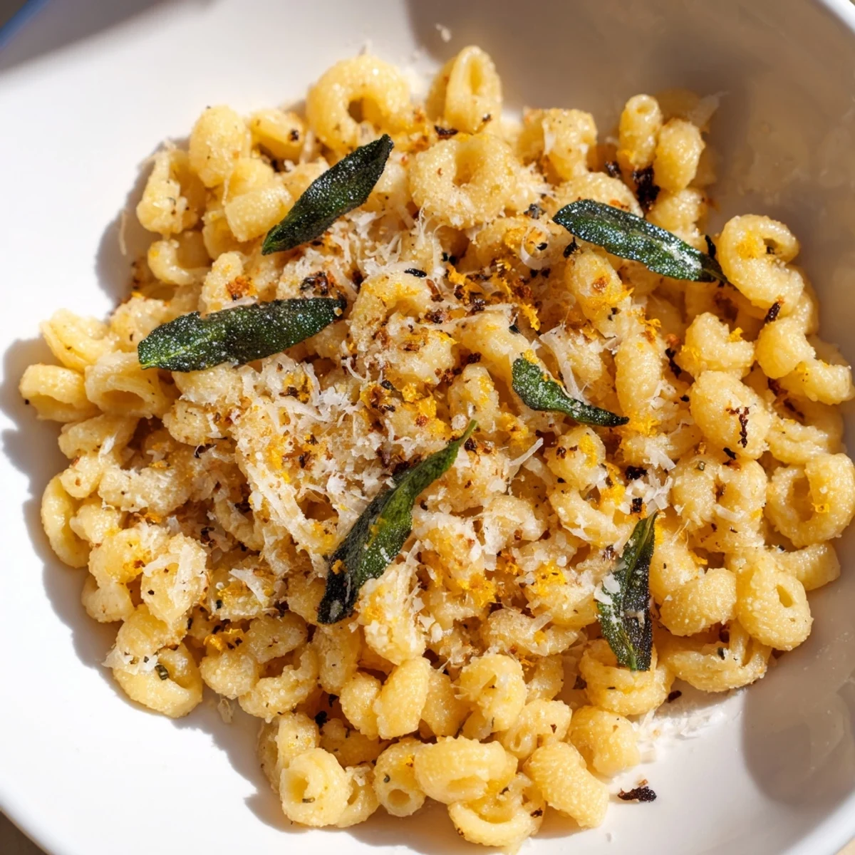 Golden brown butter coats ditalini pasta, accented by crispy sage in this simple recipe.