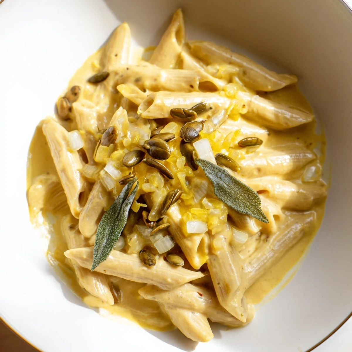A comforting bowl of Vegan Creamy Pumpkin Pasta, rich and full of autumn flavors.