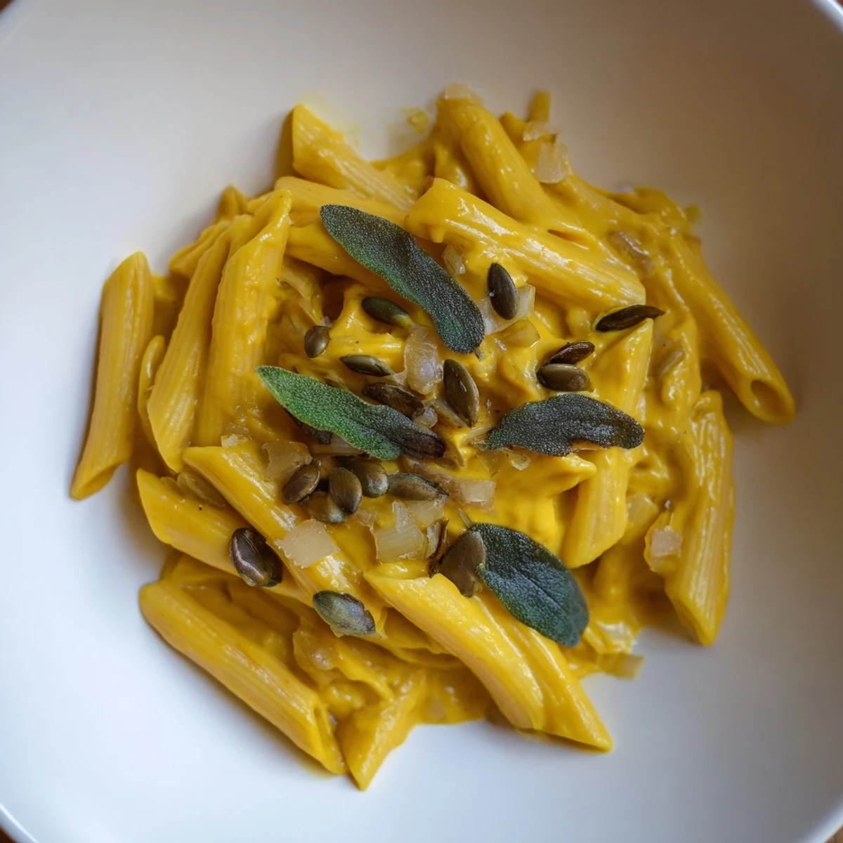 Golden Vegan Creamy Pumpkin Pasta, tossed with a creamy sauce and garnished with fresh sage leaves.