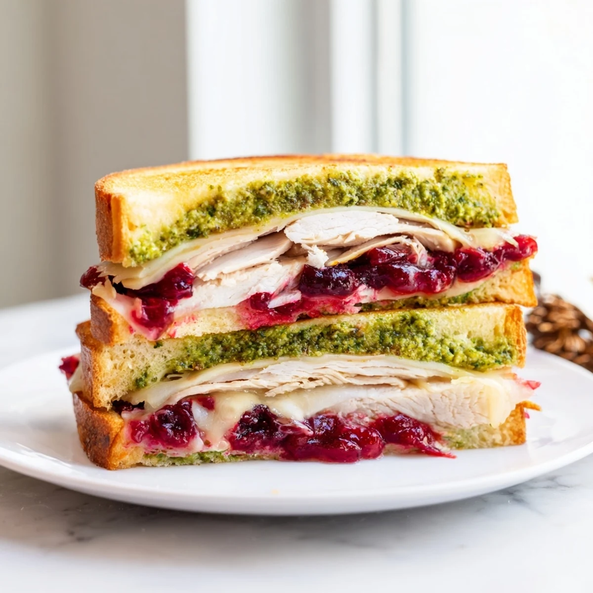 A visually appealing close-up of a perfectly grilled Pesto Cranberry Turkey Grilled Cheese, sliced and served warm.