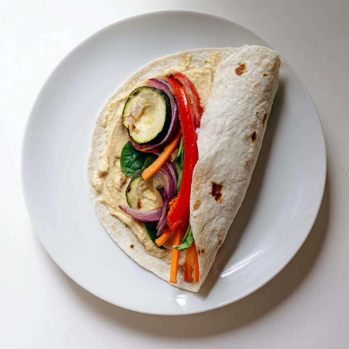 Snowflake Hummus & Roasted Veggie Wrap: a colorful wrap picture showing a layered, beautifully folded lunch.