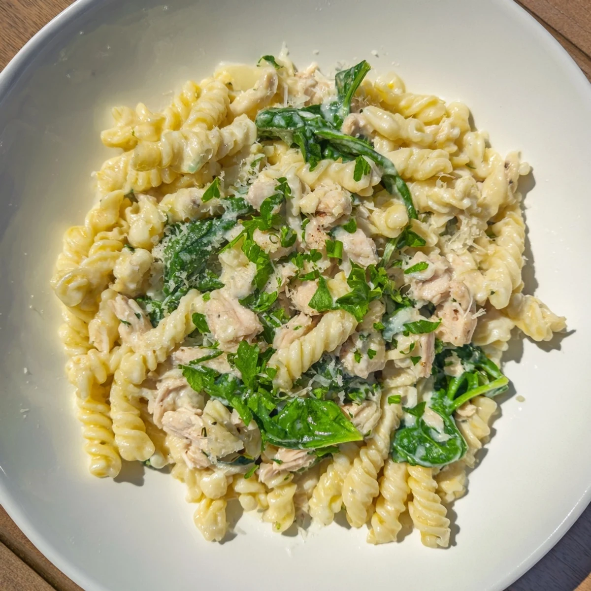 A bowl of this comforting one-pot creamy spinach & turkey pasta, brimming with tender turkey and spinach.