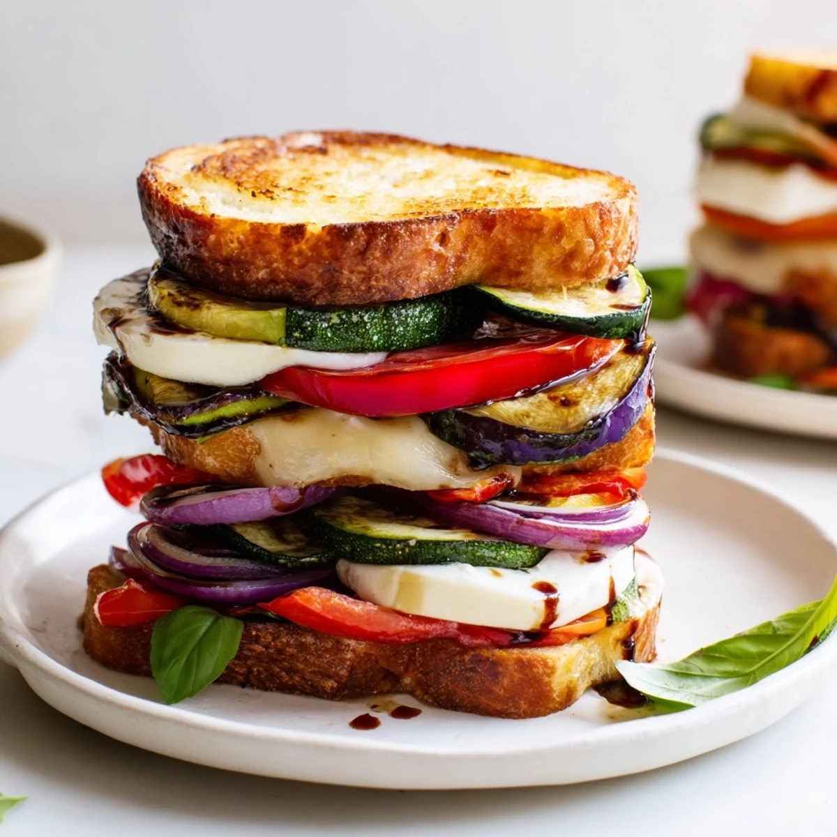 Sheet-Pan Roasted Veggie Caprese Grilled Cheese with melted mozzarella and garden-fresh tomatoes nestled in toasted sourdough.