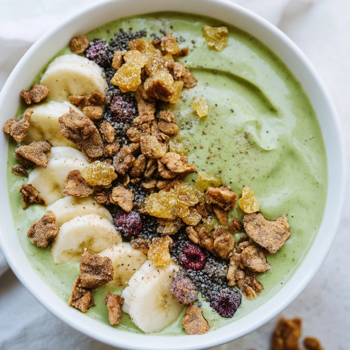Vibrant green Gingerbread Cookie Matcha Breakfast Smoothie Bowl swirled with toppings, ready to enjoy.