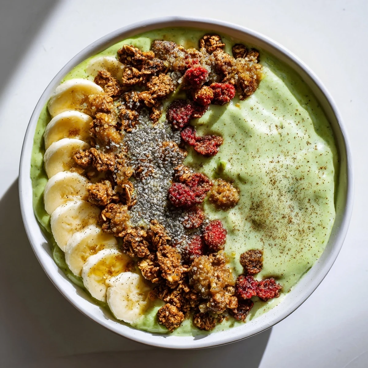 Creamy Gingerbread Cookie Matcha Smoothie Bowl topped with granola, and fresh berries for breakfast.