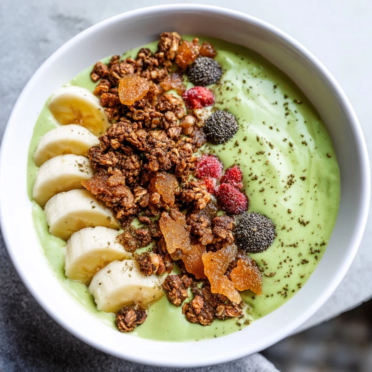 A beautiful, textured Gingerbread Cookie Matcha Breakfast Smoothie Bowl, overflowing with delicious ingredients.