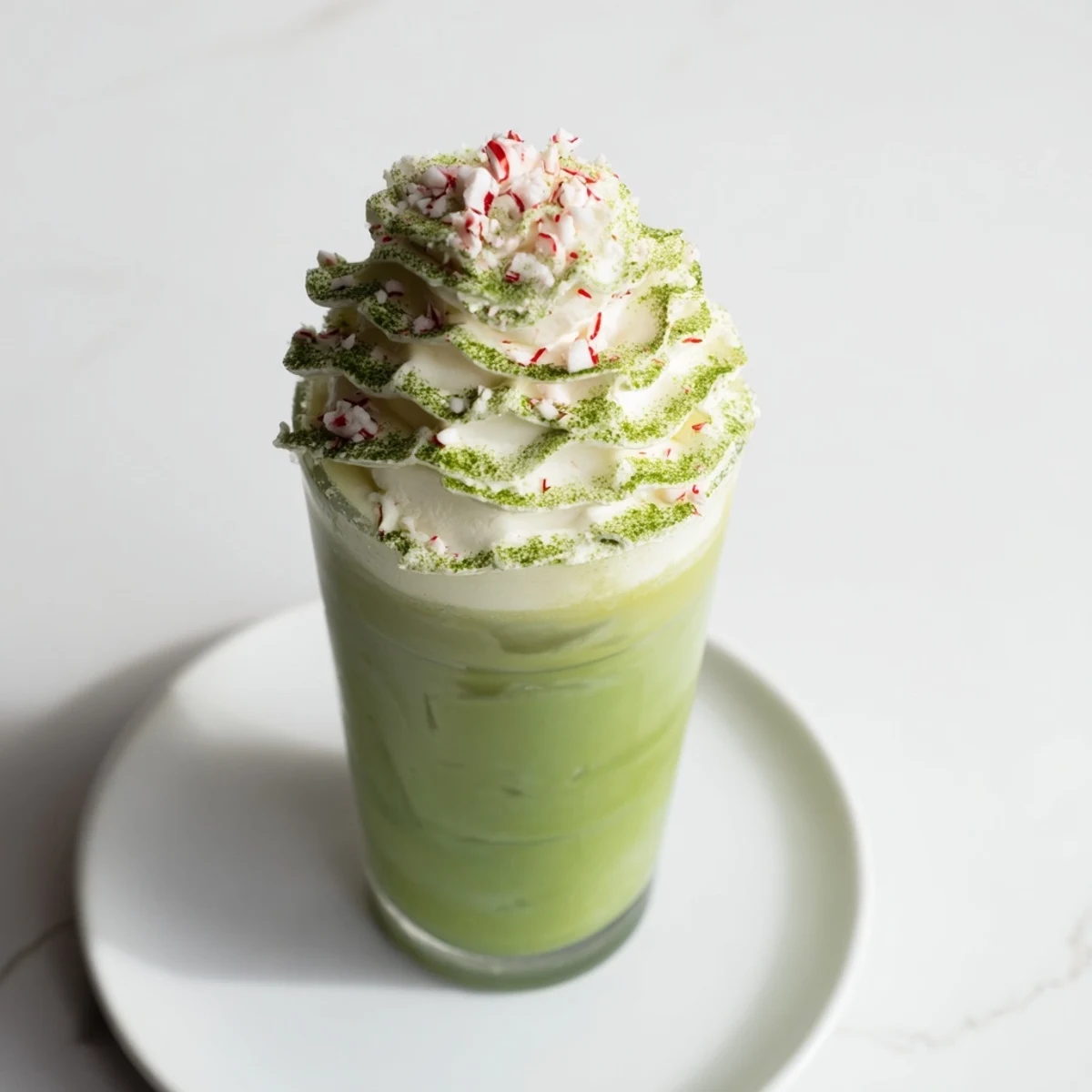 Sugar-Free White Chocolate Candy Cane Iced Matcha layered with whipped cream and crushed candy canes, a delightful treat.