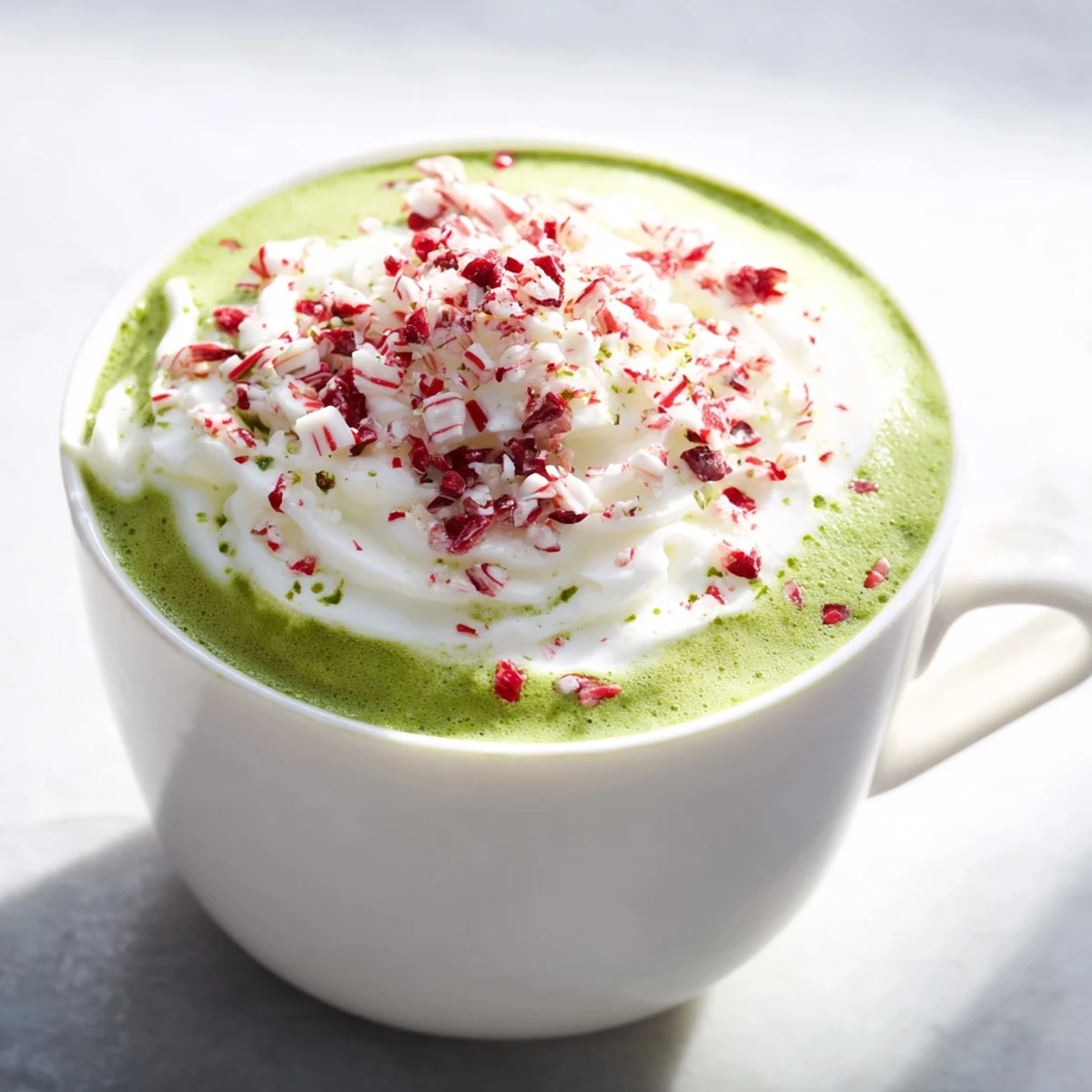 Rich, creamy Cozy Peppermint Matcha Christmas Latte, with swirls of green and a dusting of peppermint.